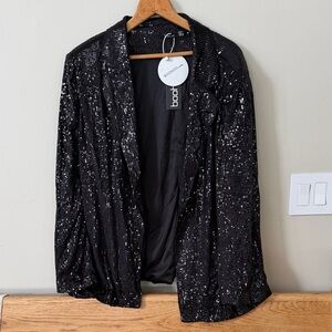 Boohoo 🆕 NWT Sparkling Black Sequin Open Blazer Size 16
